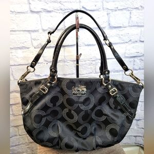 Coach Madison Black Op Art Signature Sateen & Leather Trim Sophia Satche…